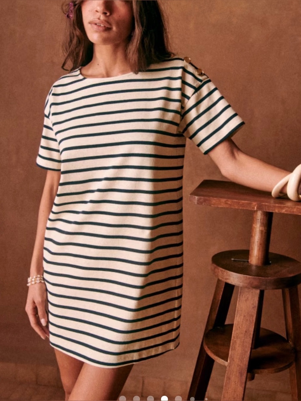 Sézane Delphie dress, ecru & navy, button shoulder, 100% cotton, size XS